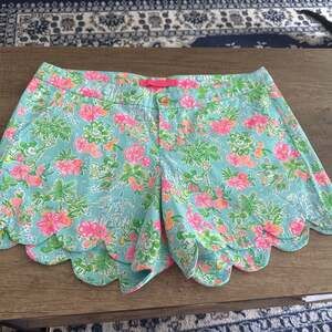 Lilly Pulitzer Aqua Scalloped Floral Shorts with Pink and Green Accents